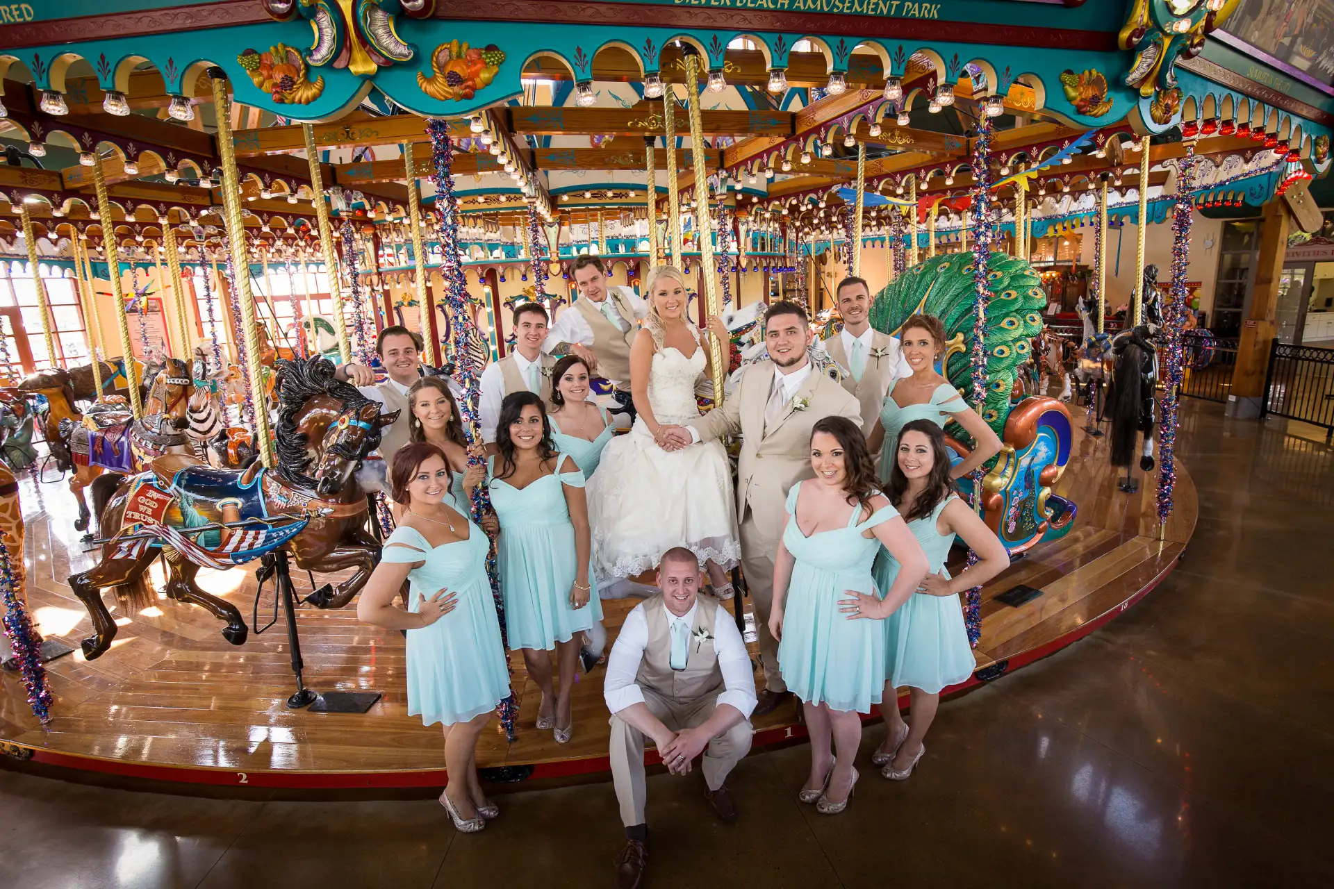 a wedding Party posing on the Carousel