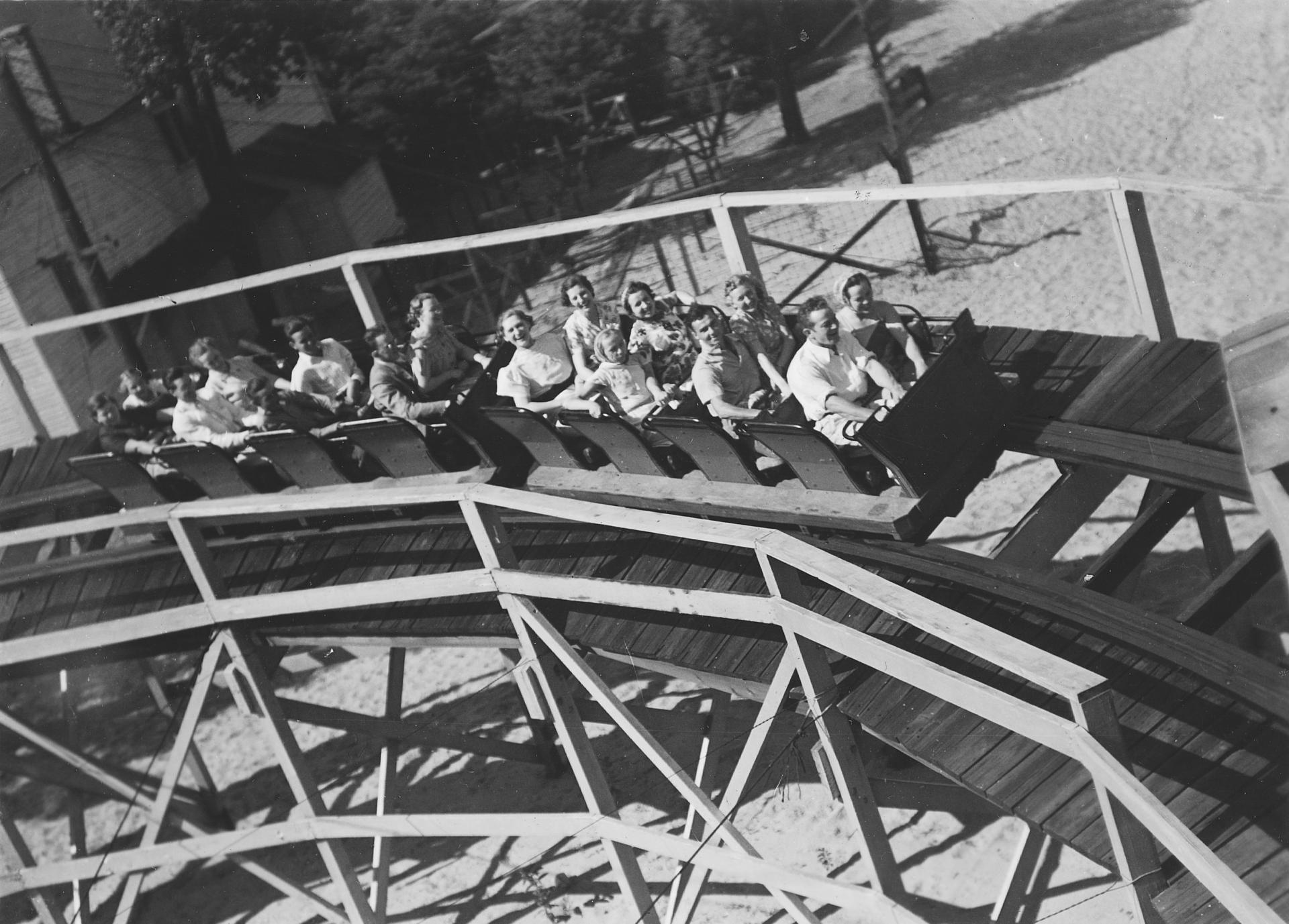 Historic photo of people on the SBAP roller coaster